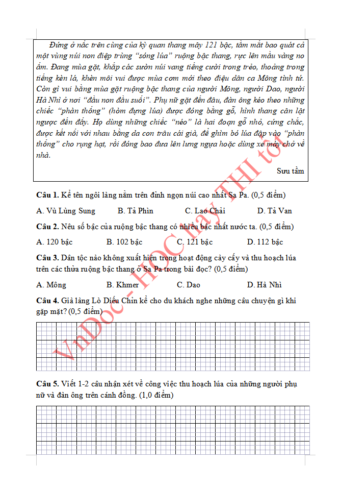 Đề ôn tập hè lớp 5 lên lớp 6 môn Tiếng Việt 