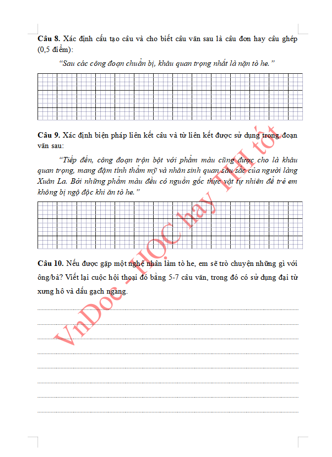 Đề ôn tập hè lớp 5 lên lớp 6 môn Tiếng Việt