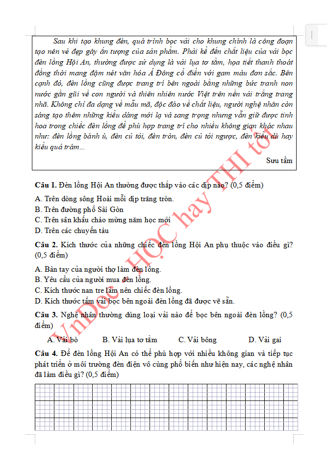 Đề ôn tập hè lớp 5 lên lớp 6 môn Tiếng Việt