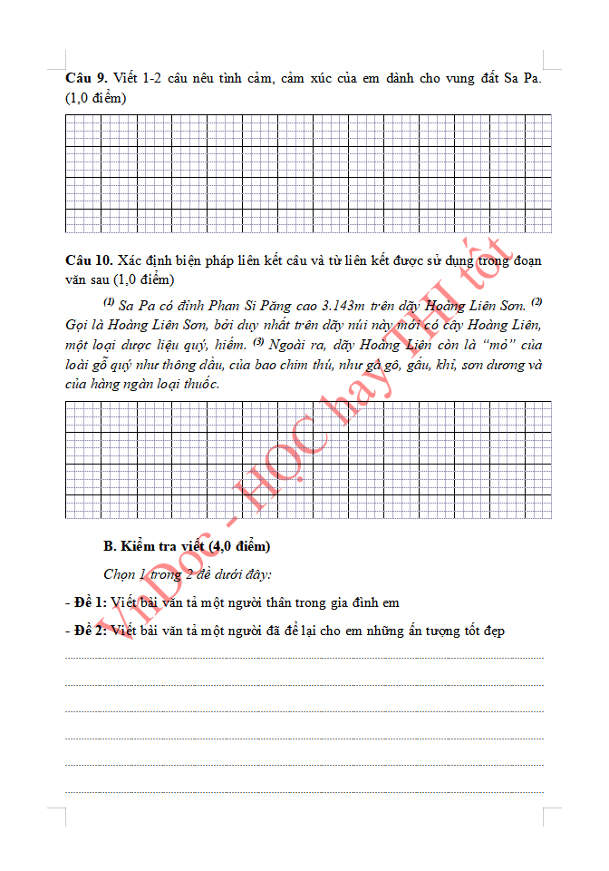 Đề ôn tập hè lớp 5 lên lớp 6 môn Tiếng Việt