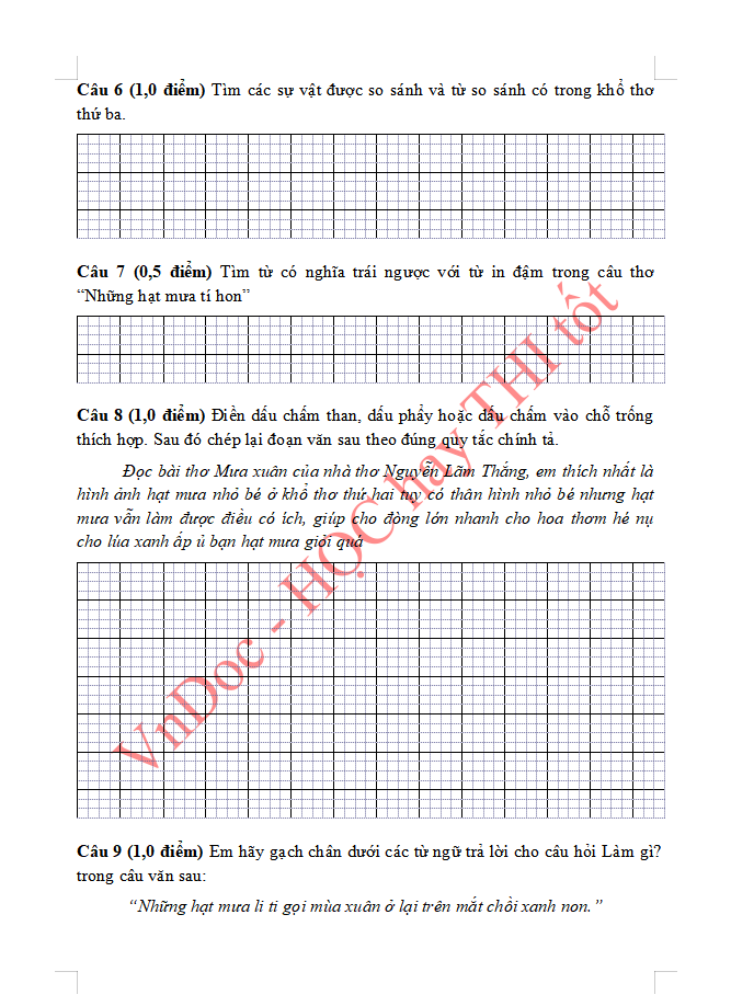 Đề ôn tập hè lớp 3 lên lớp 4 môn Tiếng Việt
