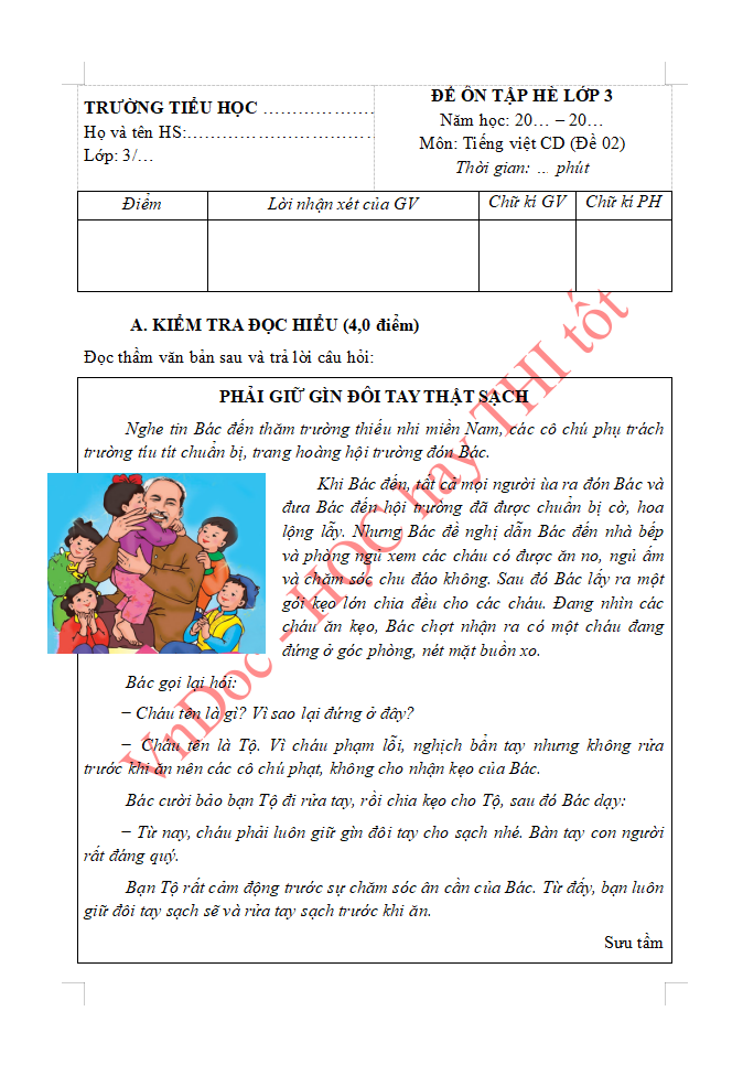 Đề ôn tập hè lớp 3 lên lớp 4 môn Tiếng Việt