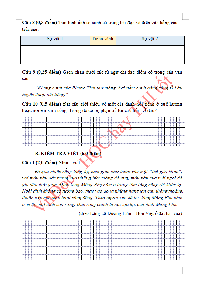 Đề ôn tập hè lớp 3 lên lớp 4 môn Tiếng Việt
