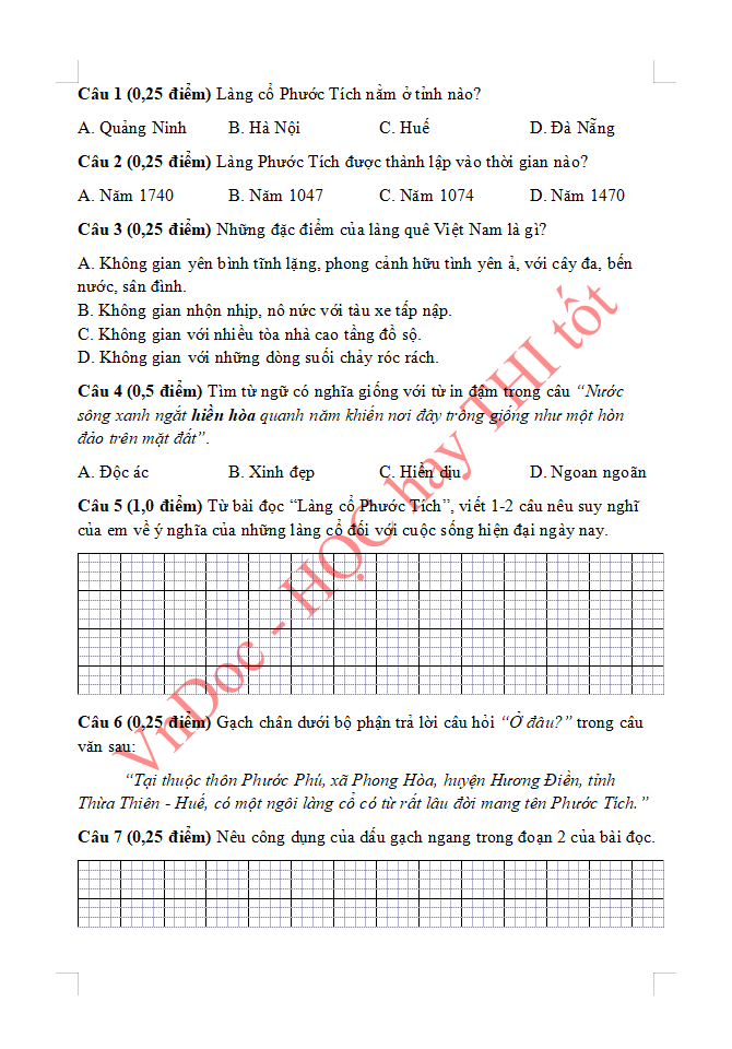 Đề ôn tập hè lớp 3 lên lớp 4 môn Tiếng Việt