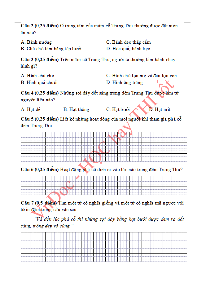 Đề ôn tập hè lớp 3 lên lớp 4 môn Tiếng Việt