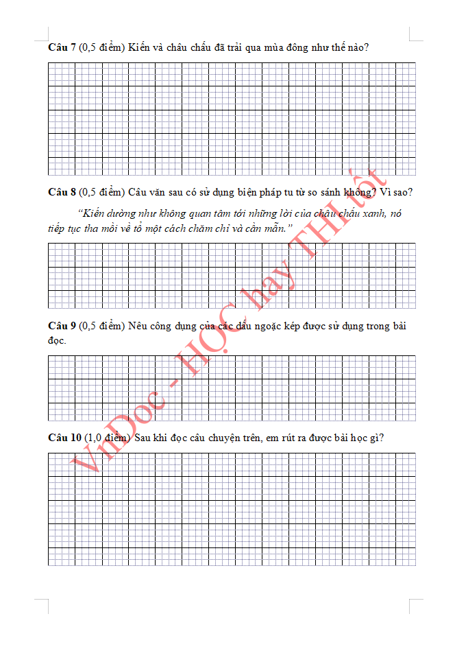Đề ôn tập hè lớp 3 lên lớp 4 môn Tiếng Việt