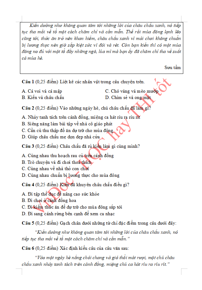 Đề ôn tập hè lớp 3 lên lớp 4 môn Tiếng Việt