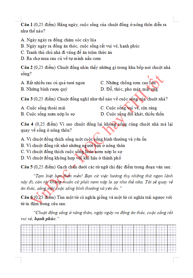 Đề ôn tập hè lớp 3 lên lớp 4 môn Tiếng Việt