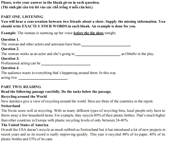 Đề thi vào lớp 6 môn Tiếng Anh Trần Đại Nghĩa 2023 