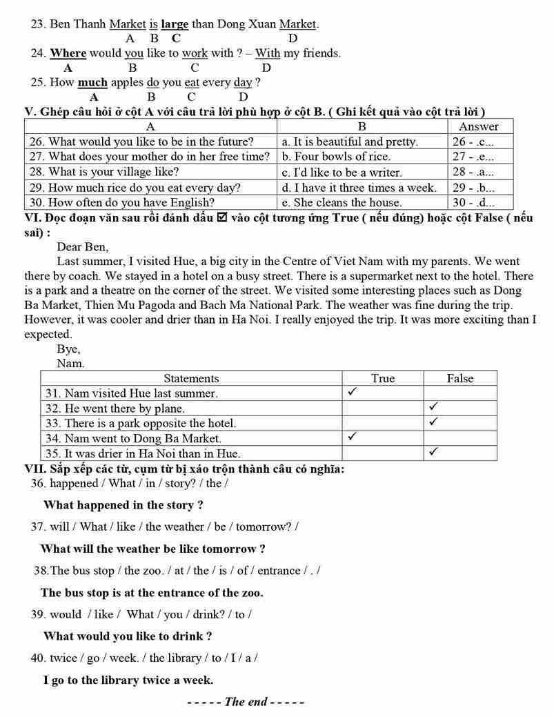 Đề kiểm tra năng lực vào lớp 6 môn Tiếng Anh