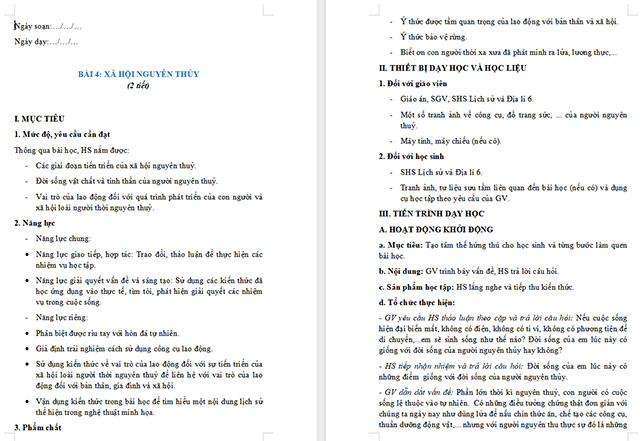 Giáo án Lịch sử 6 Xã hội nguyên thủy