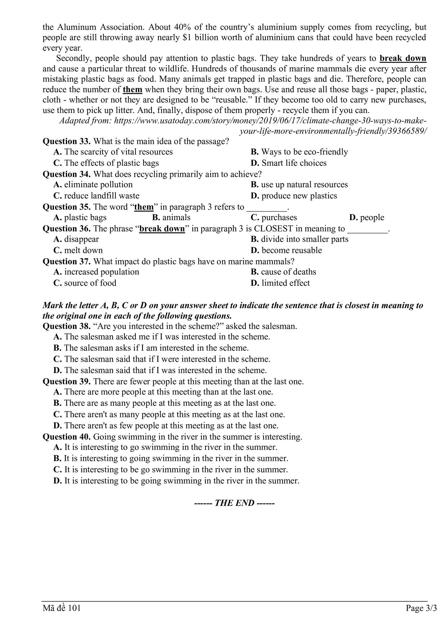Đề thi thử Tiếng Anh vào lớp 10 trường THPT Lương Ngọc Quyến, Thái Nguyên minh họa 1