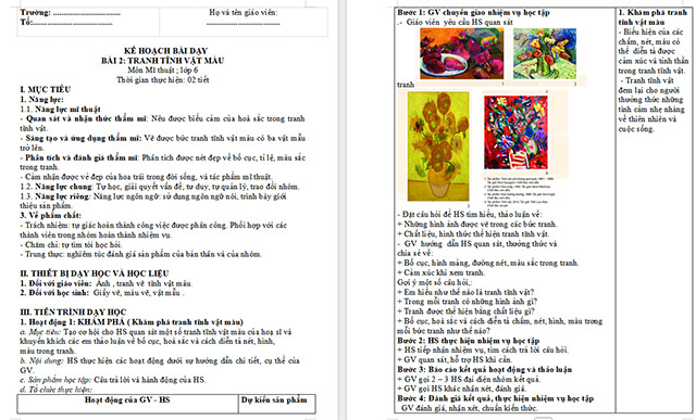 Giáo án Mĩ thuật 6 Tranh tĩnh vật màu