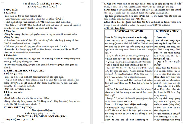 Giáo án Mĩ thuật 6 Tạo hình ngôi nhà