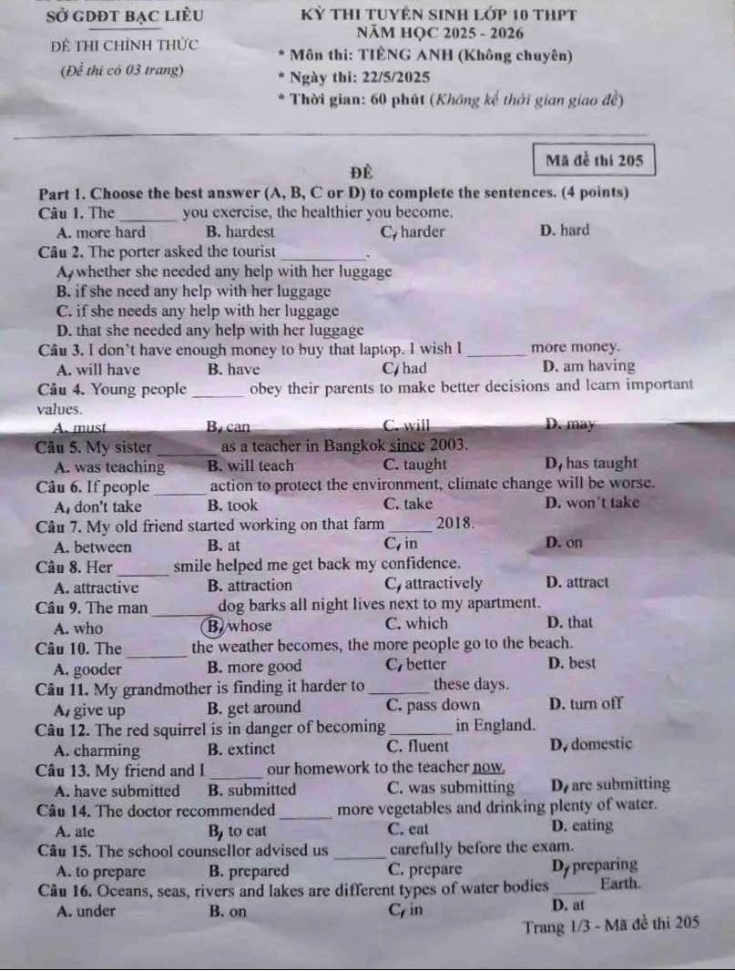 Đề thi tuyển sinh vào lớp 10 môn tiếng Anh Bạc Liêu minh họa 1