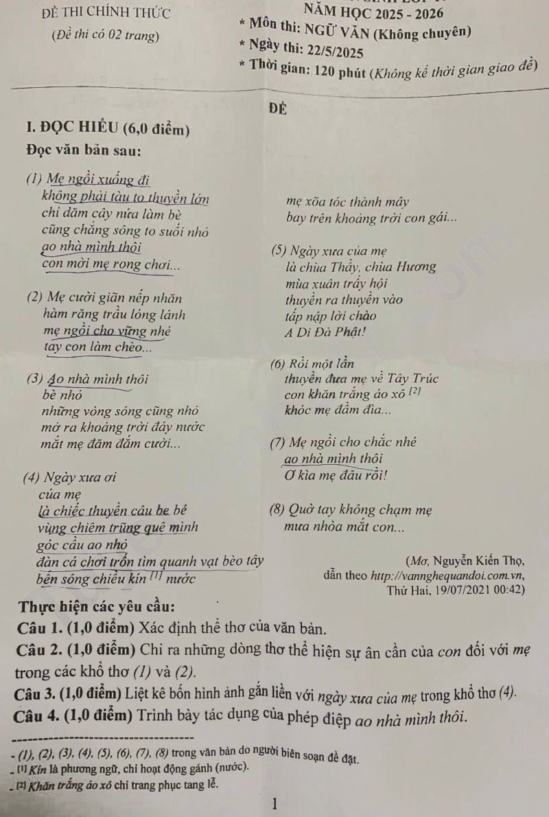 Đề tuyển sinh lớp 10 Bạc Liêu môn Ngữ văn 2025