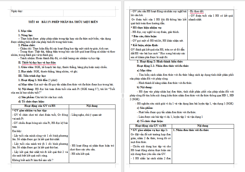 Phép nhân đa thức một biến