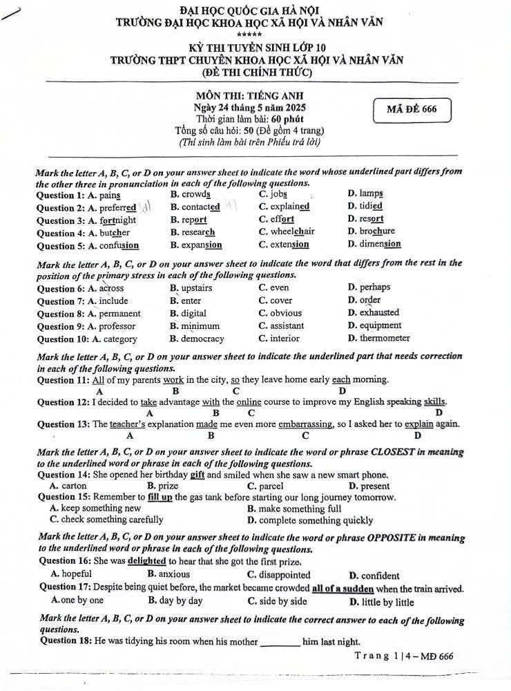 Đề thi vào lớp 10 Tiếng Anh chuyên trường KHXH & NV minh họa 1