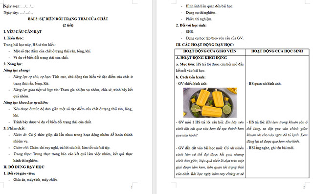 Giáo án Khoa học 5 Sự biến đổi trạng thái của chất