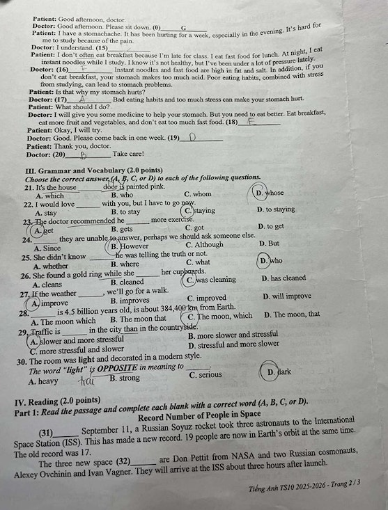 Đáp án đề thi tuyển sinh lớp 10 môn Anh tỉnh Bình Dương năm 2025 minh họa 2