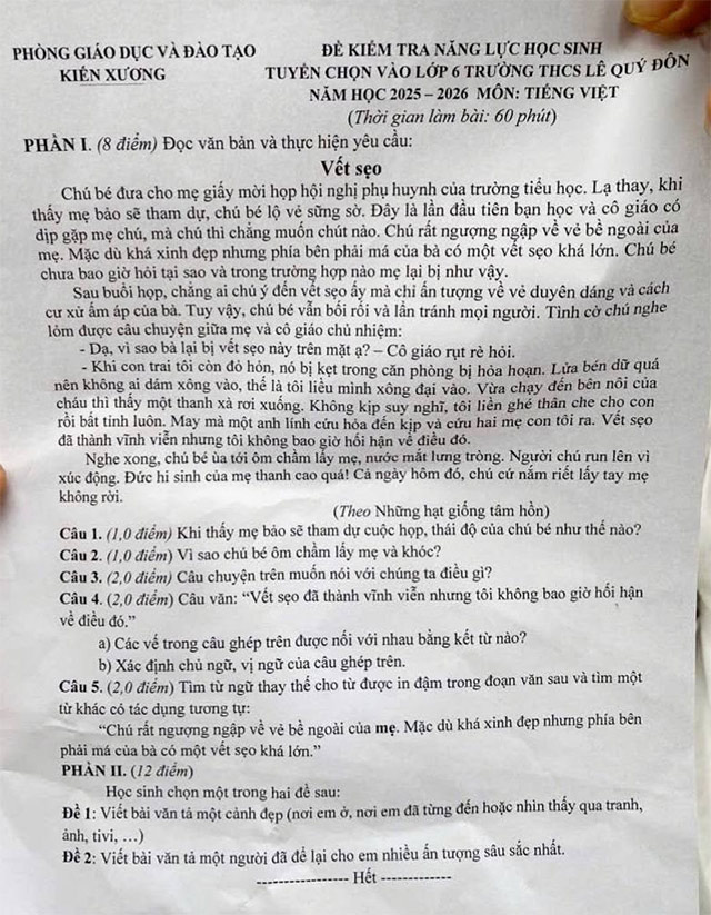 Đề thi vào lớp 6 môn Tiếng Việt trường THCS Lê Quý Đôn
