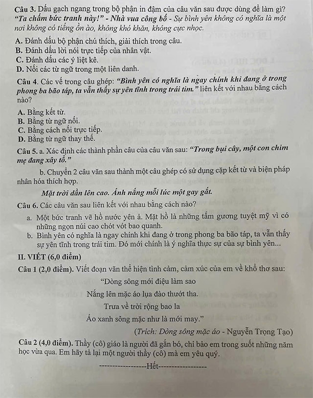 Đề thi vào lớp 6 môn Tiếng Việt trường THCS Nguyễn Hiền