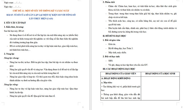 Giáo án Toán 5 Tỉ số của số lần lặp lại một sự kiện so với tổng số lần thực hiện