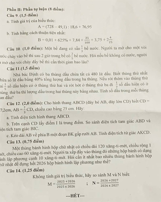 Đề thi vào lớp 6 môn Toán trường THCS Trần Huy Liệu