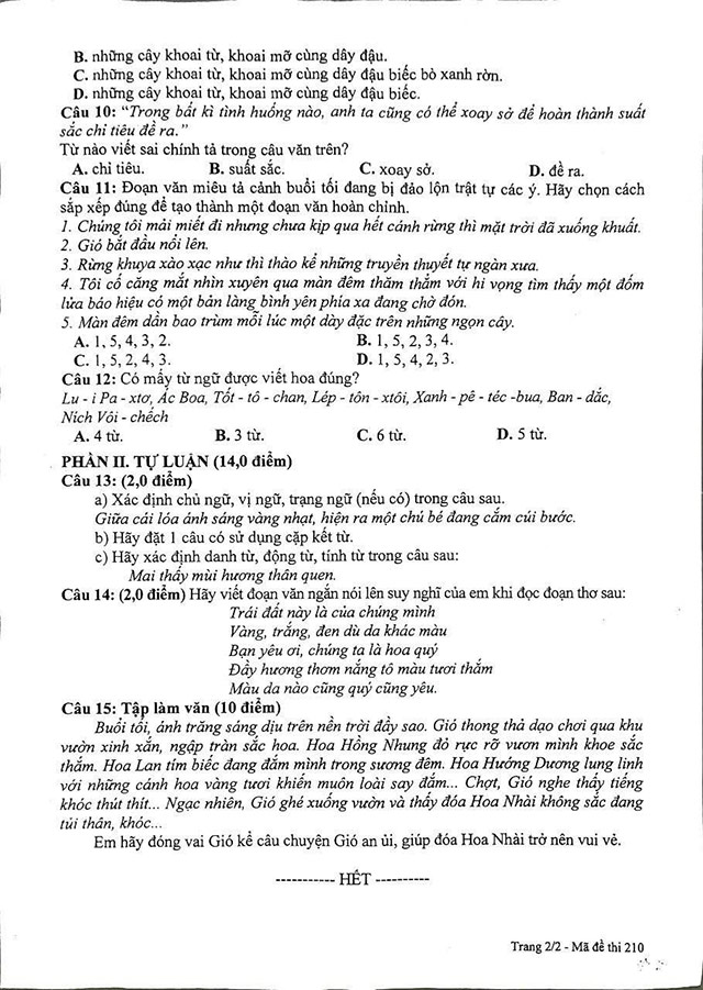 Đề thi vào lớp 6 môn Tiếng Việt CLC Việt Yên, Bắc Giang