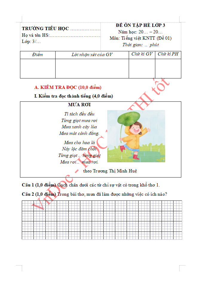 Đề ôn tập hè lớp 3 lên lớp 4 môn Tiếng Việt