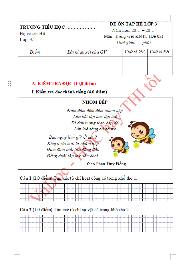 Đề ôn tập hè lớp 3 lên lớp 4 môn Tiếng Việt