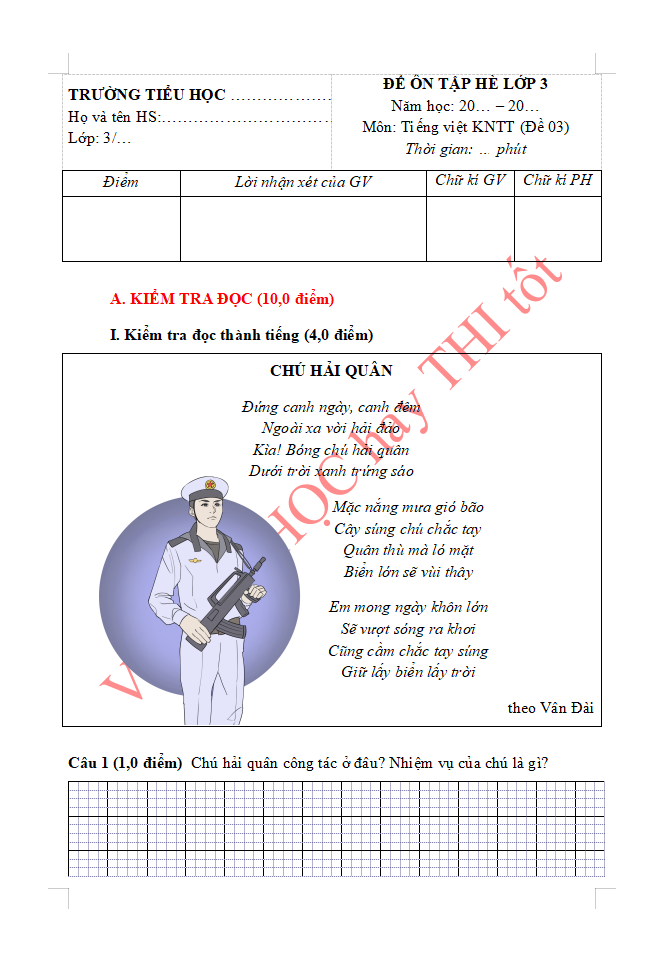 Đề ôn tập hè lớp 3 lên lớp 4 môn Tiếng Việt