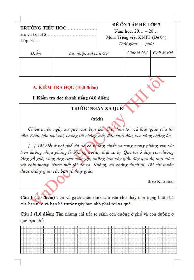 Đề ôn tập hè lớp 3 lên lớp 4 môn Tiếng Việt