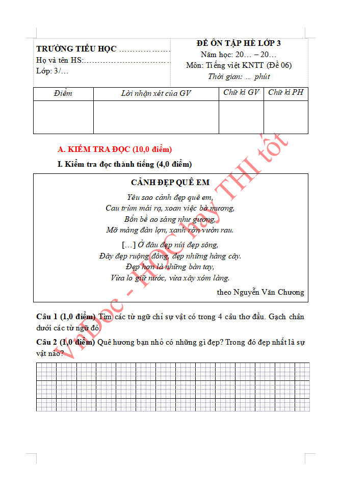 Đề ôn tập hè lớp 3 lên lớp 4 môn Tiếng Việt