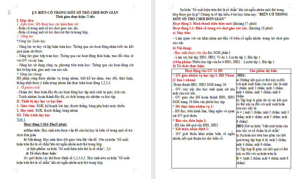 Biến cố trong một số trò chơi đơn giản