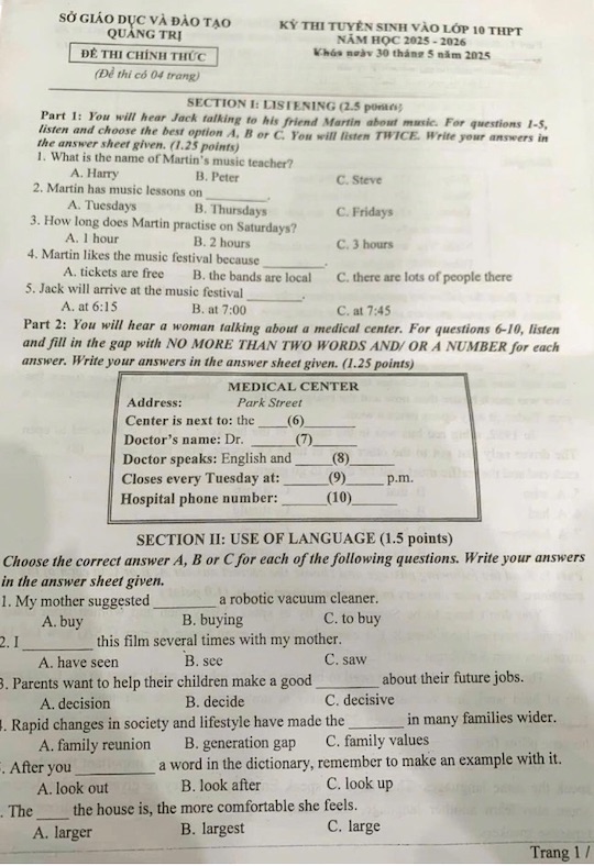 Đáp án đề thi tuyển sinh lớp 10 môn Anh Quảng Trị minh họa 1