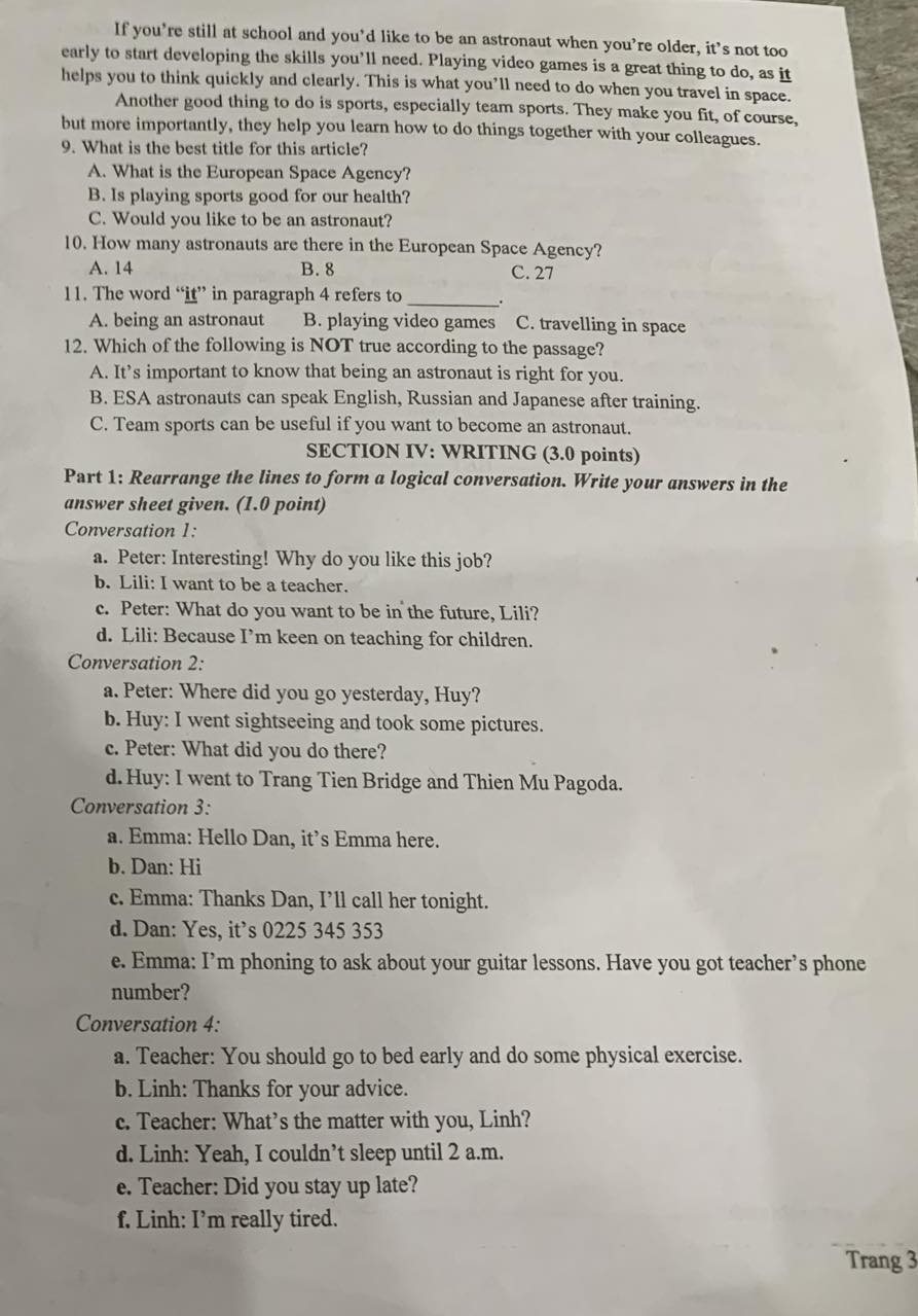 Đáp án đề thi tuyển sinh lớp 10 môn Anh Quảng Trị minh họa 3