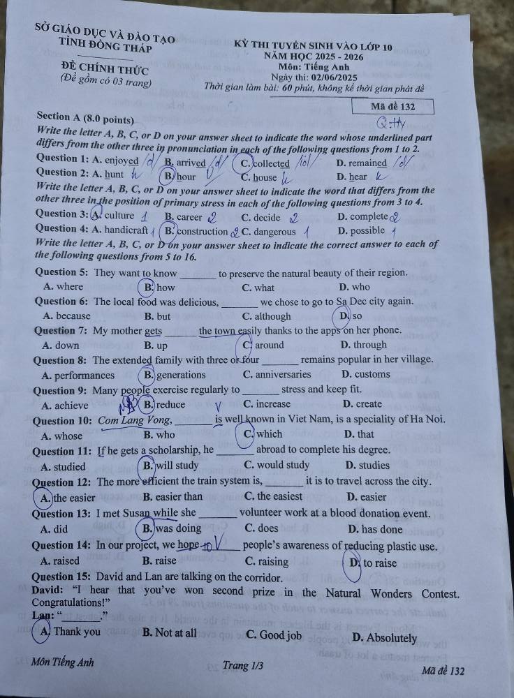 Đề thi tuyển sinh vào lớp 10 môn tiếng Anh Đồng Tháp minh họa 1