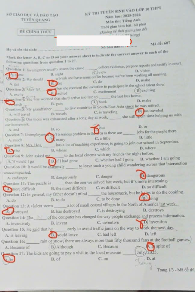 Đề thi tuyển sinh vào lớp 10 môn tiếng Anh Tuyên Quang Chính thức minh họa 1