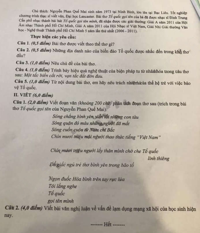 Đề thi vào lớp 10 môn Văn tỉnh Lâm Đồng 2025