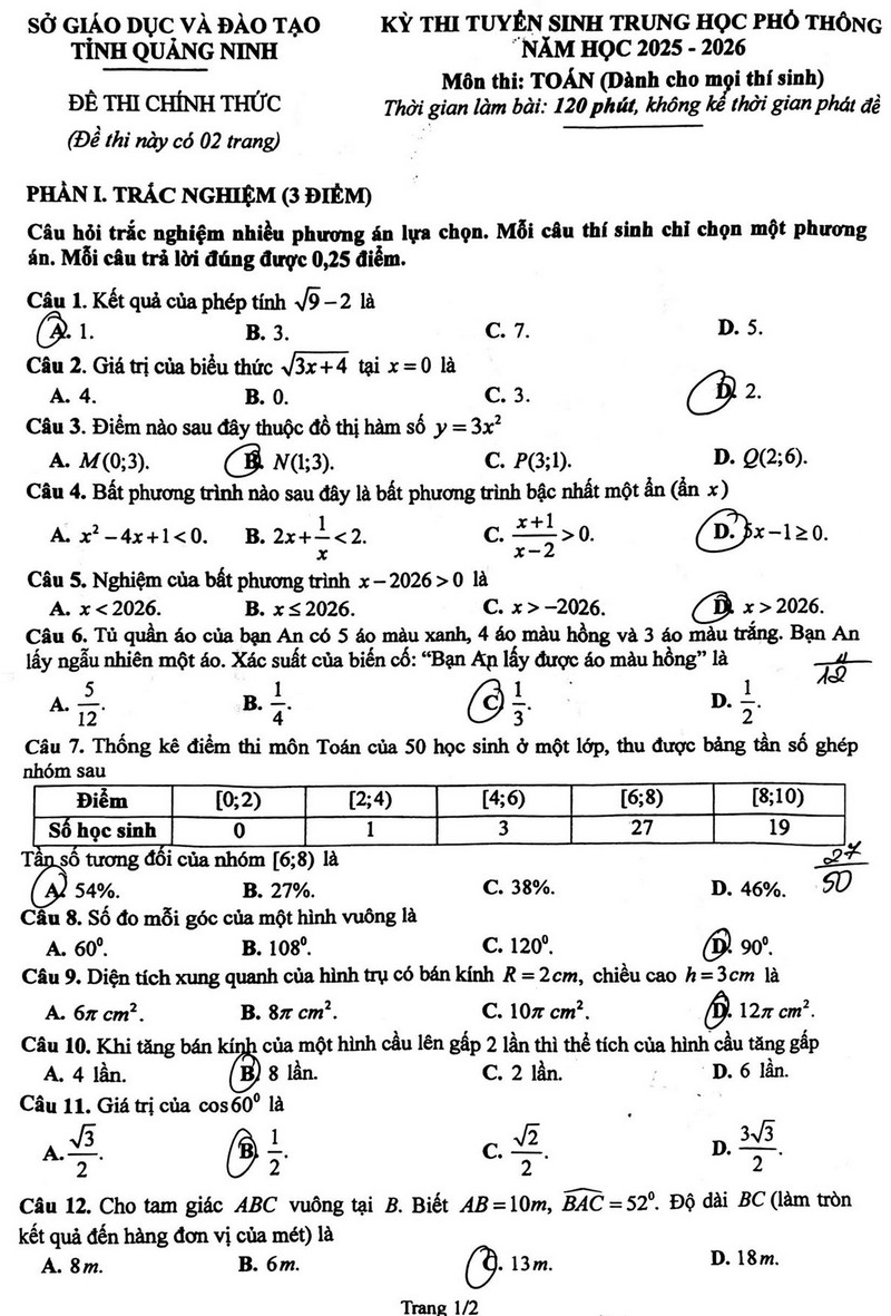 Dap an de thi mon Toan vao lop 10 nam 2025 - Quang Ninh