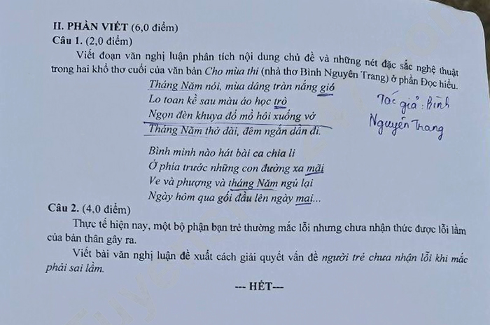 Đề thi vào 10 môn Văn Đồng Tháp 2025