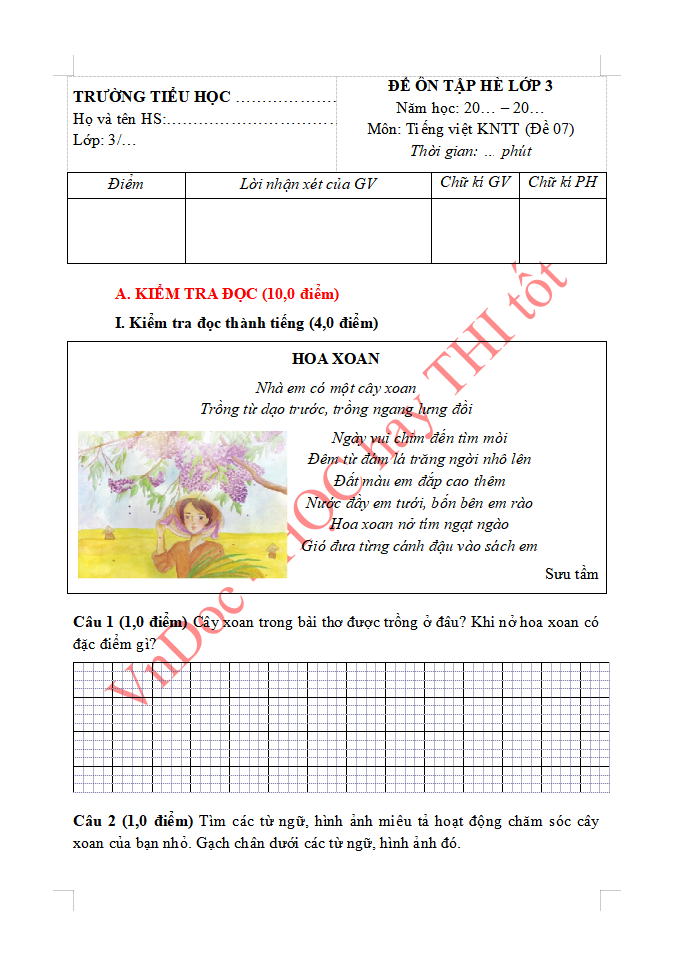 Đề ôn tập hè lớp 3 môn Tiếng Việt