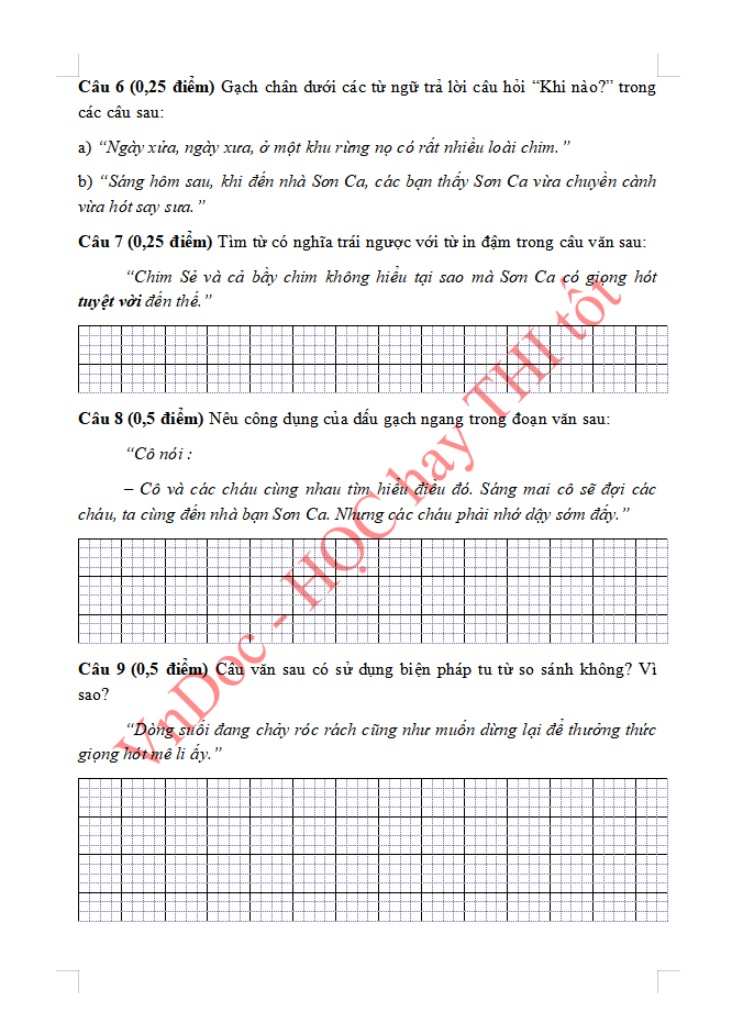 Đề ôn tập hè lớp 3 lên lớp 4 môn Tiếng Việ