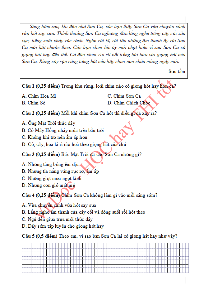 Đề ôn tập hè lớp 3 lên lớp 4 môn Tiếng Việ