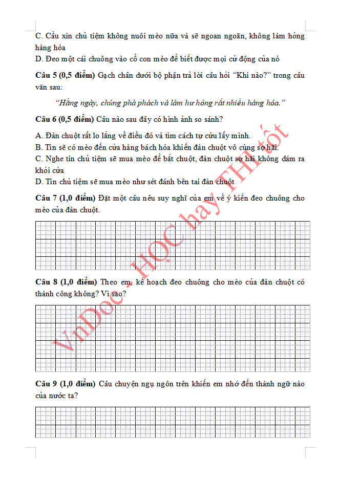 Đề ôn tập hè lớp 3 lên lớp 4 môn Tiếng Việt