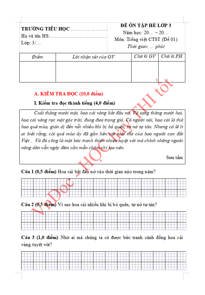 Đề ôn tập hè lớp 3 lên lớp 4 môn Tiếng Việt