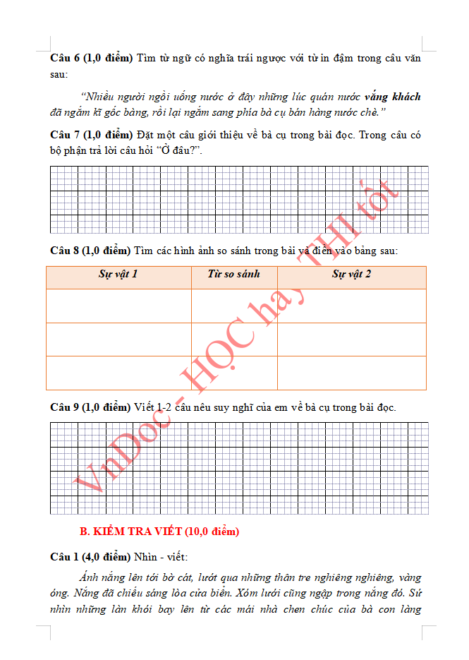 Đề ôn tập hè lớp 3 lên lớp 4 môn Tiếng Việt