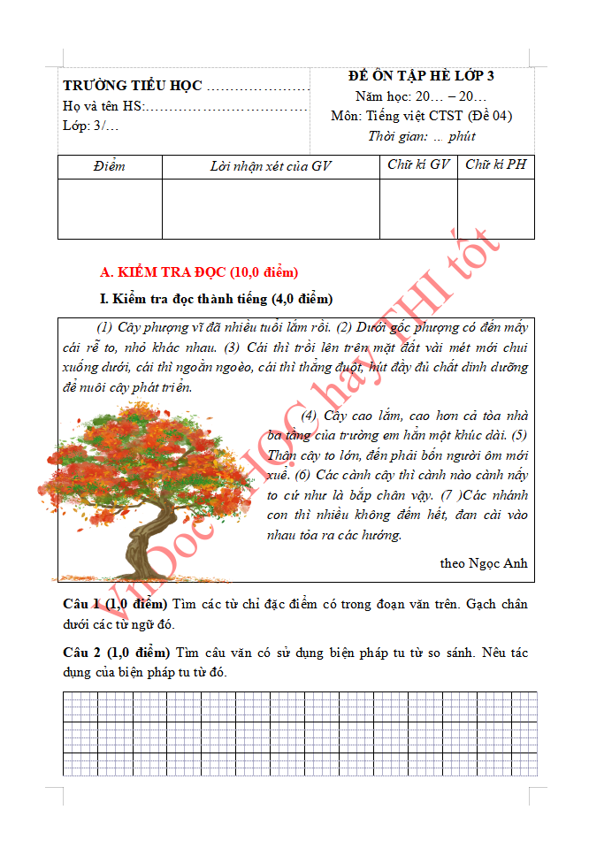 Đề ôn tập hè lớp 3 lên lớp 4 môn Tiếng Việt