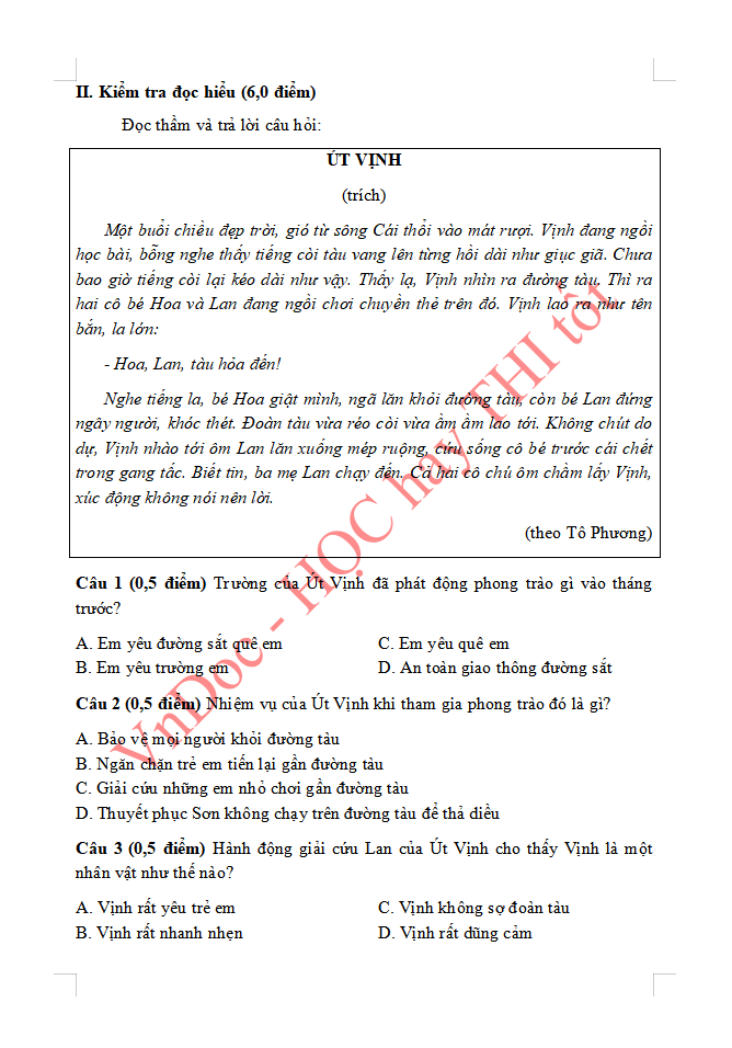 Đề ôn tập hè lớp 3 lên lớp 4 môn Tiếng Việt